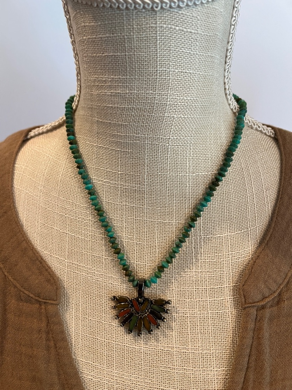 Green Beaded Necklace with Multicolored Enamel Fan Pendant